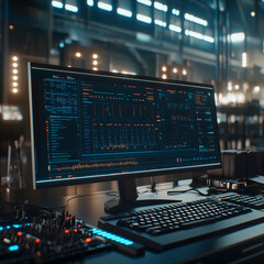 Computer monitor displaying futuristic interface with graphs and charts in a modern industrial control room