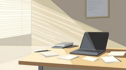 Naklejka premium Sun shining on a desk with laptop and papers illustrating working from home