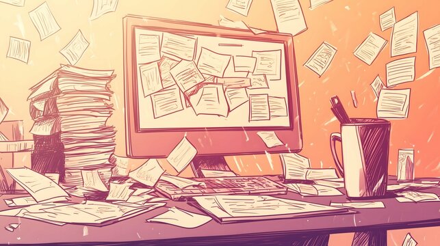 Office desk covered with papers is illustrating overwork concept
