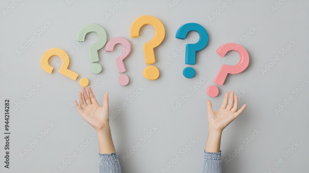 Poster colorful question marks with raised hands against a neutral background. concept of curiosity and inq