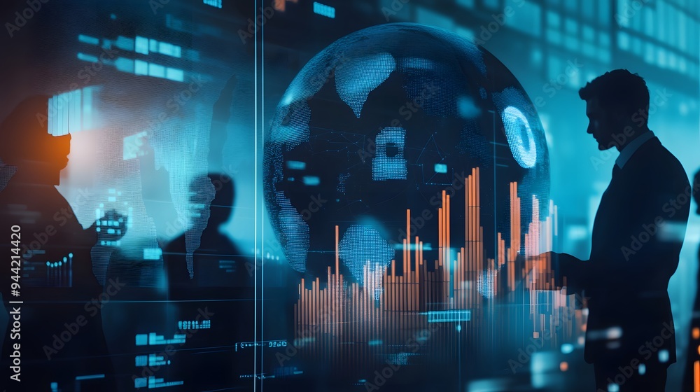 Poster silhouette of a businessman analyzing data, with a globe and graphs in the background.