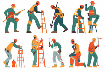labor worker illustration, builders with tools running, plasterboard, climbing ladder, saw, drill, ruler, sanding tool, fun style, yellow, green, red, simple illustration, white background