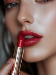 Skin care cosmetics concept, woman makeup face by applying red lipstick at home