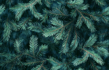 Seamless green background of Christmas fir tree branches, festive New Year pattern