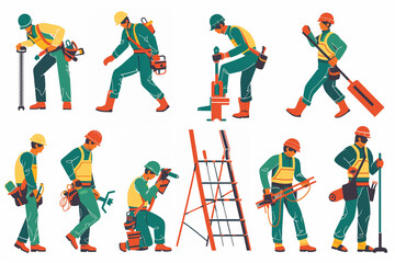 labor worker illustration, builders with tools running, plasterboard, climbing ladder, saw, drill, ruler, sanding tool, fun style, yellow, green, red, simple illustration, white background