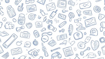 Social media sketch vector seamless doodle pattern gray icons on a white background