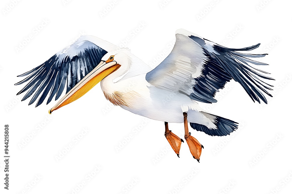 Wall mural A detailed illustration of a pelican in flight, showcasing its wings and distinctive beak.