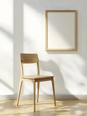 Square Frame with Poster Mockup standing on the wooden chair. 3d rendering