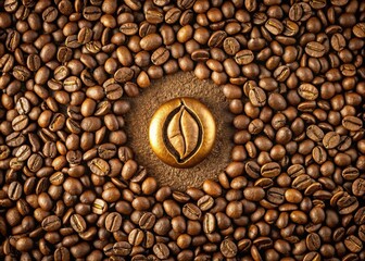 Richly textured, golden-brown coffee beans form a circular shape, surrounding a stylized, modern logo with clean lines, conveying a sense of premium quality and sophistication.