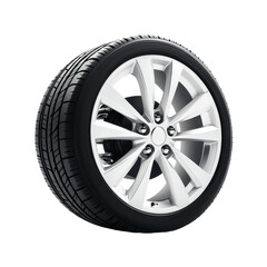 Obraz premium A sleek white alloy wheel paired with a black all-season tire, perfect for automotive design and product presentations. Transparent background PNG
