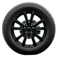 Obraz premium A sleek black alloy wheel featuring a distinctive multi-spoke design along with visible brake components for enhanced performance. Transparent background PNG