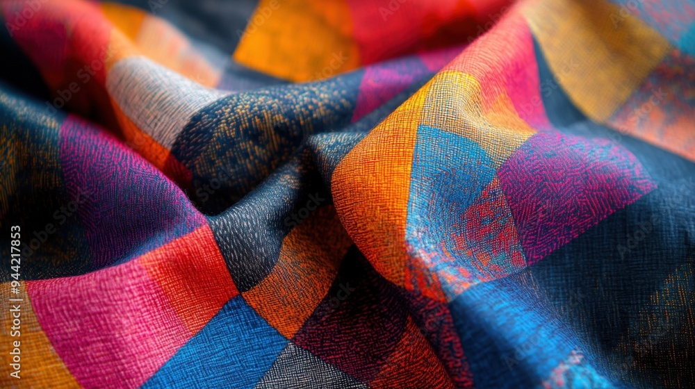 Poster vibrant geometric patterns on fabric ideal for creating stylish home textiles an aesthetic design co