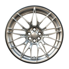 Obraz premium This detailed aluminum alloy wheel showcases its sleek design and shiny finish, perfect for enhancing any vehicle's appearance. Transparent background PNG