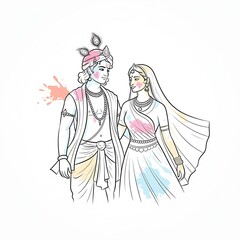 Holi Celebration: Lord Krishna and Radha  playing with colors