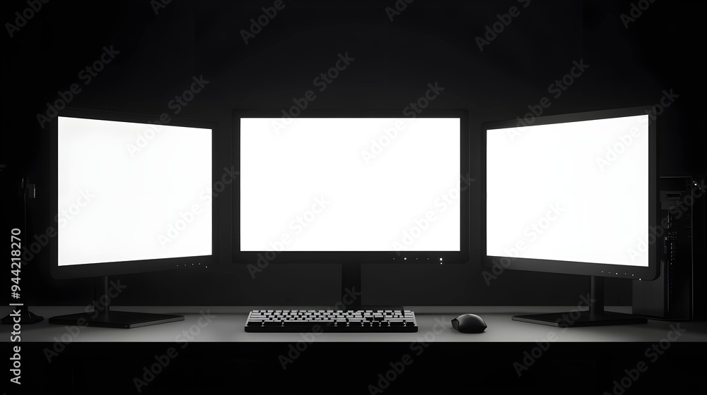 Wall mural three computer monitors with ultra-thin display border with blank white screen mockup