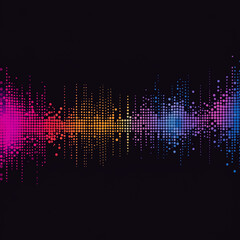 An abstract digital illustration of a sound wave or equalizer pattern, a grid of small, evenly spaced dots. The color scheme smoothly transitions from purple and violet on the left side to blue 