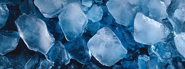 Fototapeta premium Top view of blue ice cubes in a pile on a dark background, close-up. Textured background for product presentation with copy space. Background for design