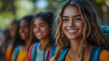 Fototapeta premium A group of friends walking to school together, laughing and chatting about the upcoming school year.