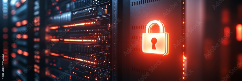 Poster Red lock icon on a server in a secure data center. Symbolizing strong data protection and cybersecurity.