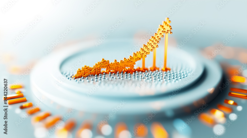 Poster a three-dimensional illustration depicts an upward trend in data, highlighting growth and progress t