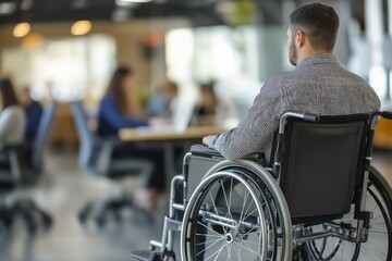 Obraz premium Man in a wheelchair working in a modern office, viewed from the back.
