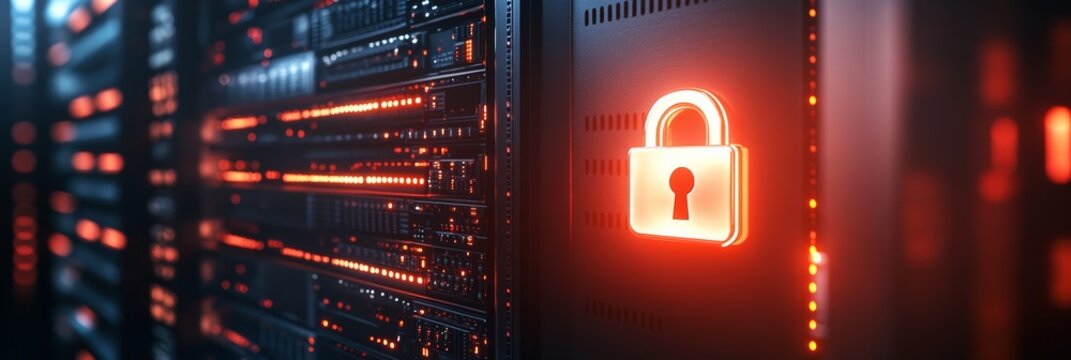 Red lock icon on a server in a secure data center. Symbolizing strong data protection and cybersecurity.