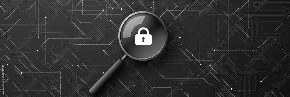 Poster magnifying glass with lock icon on a digital circuit background. symbolizes cyber security and data 