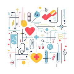 illustration of an abstract medicine background with lines, circles, and icons, featuring medical symbols like health, healthcare, nurse, tooth, thermometer, pills, and cross