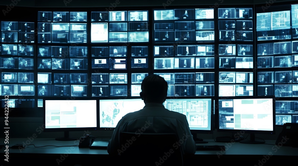 Poster a man sits in front of a wall of monitors, each showing a different image.