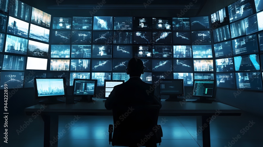 Aufkleber a man sits in front of a wall of computer screens in a dark room, monitoring data.