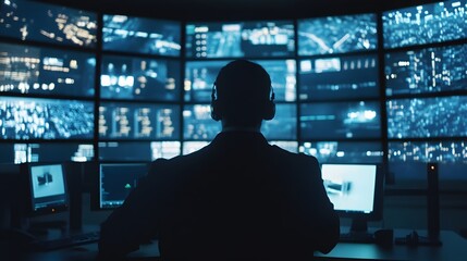 Obraz premium Silhouette of a person in a dark suit sits in front of a wall of computer screens.