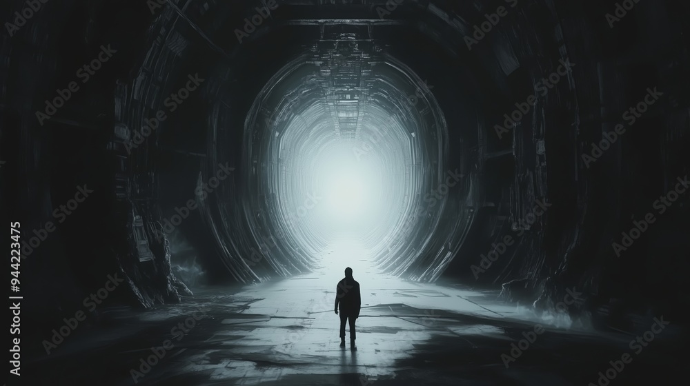 Aufkleber a lone figure stands at the end of a dark tunnel, illuminated by a bright light, creating a mysterio