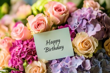 A bouquet of colorful roses and hydrangeas with a "Happy Birthday" card in the center, close-up shot, natural light, vibrant colors, and soft focus on details Generative AI