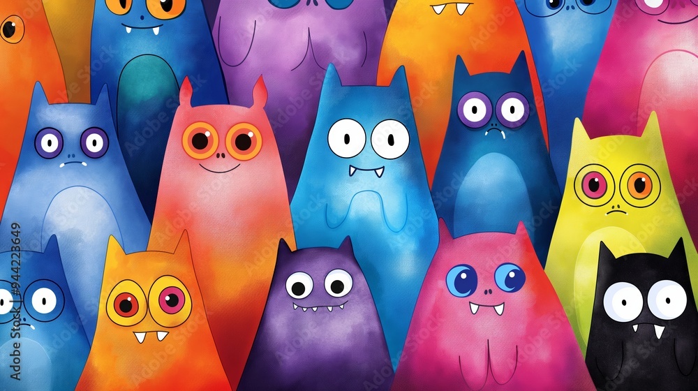 Poster a group of colorful cartoon cats with big eyes and teeth. the cats are arranged in a row, with some 