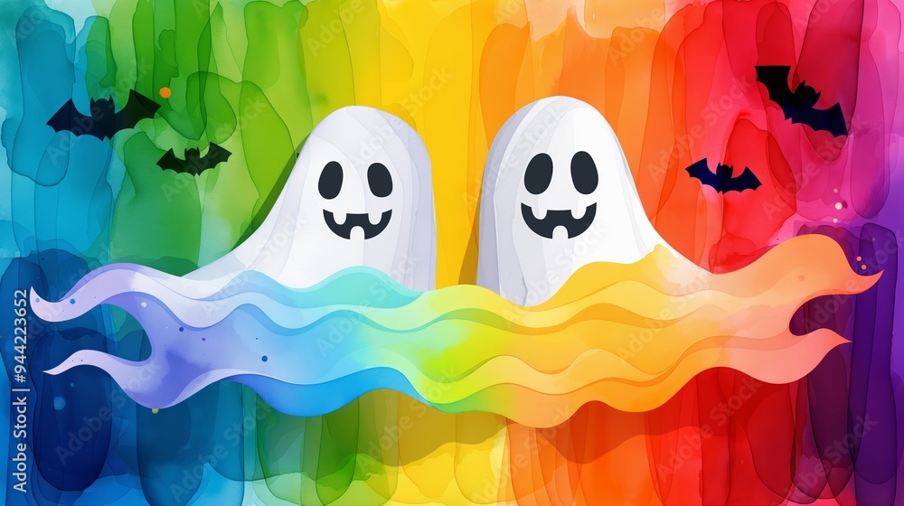 Poster two ghosts are floating in a rainbow colored ocean with bats flying in the background. scene is play