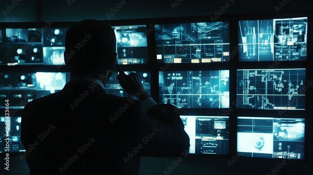 Poster silhouette of a man in a suit analyzing data on a wall of monitors.
