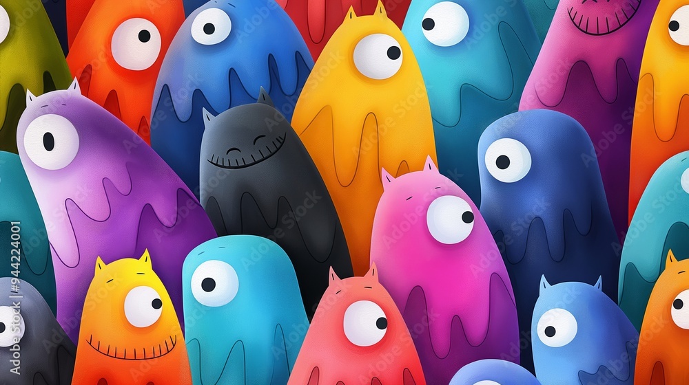Poster a group of colorful cartoon animals with different expressions and sizes. scene is playful and whims