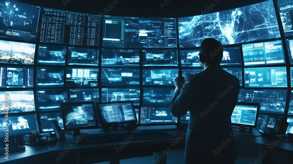 Poster a man in a suit stands in front of a wall of monitors displaying data, working late at night.