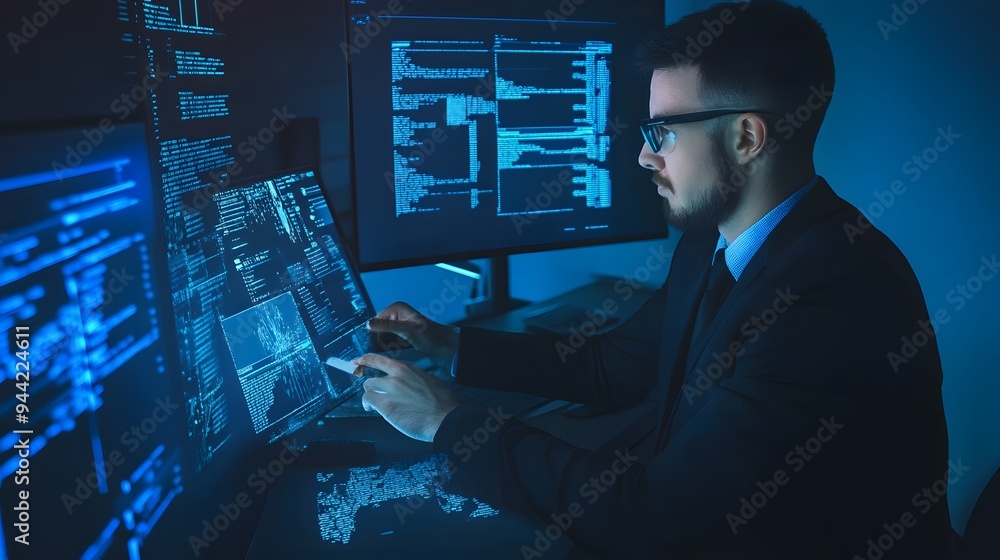 Poster a man in a suit sits at a desk in a dark room and works on a computer.
