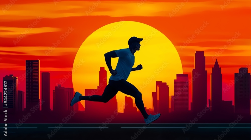 Poster a man running in front of a sunset with a city in the background. scene is energetic and dynamic