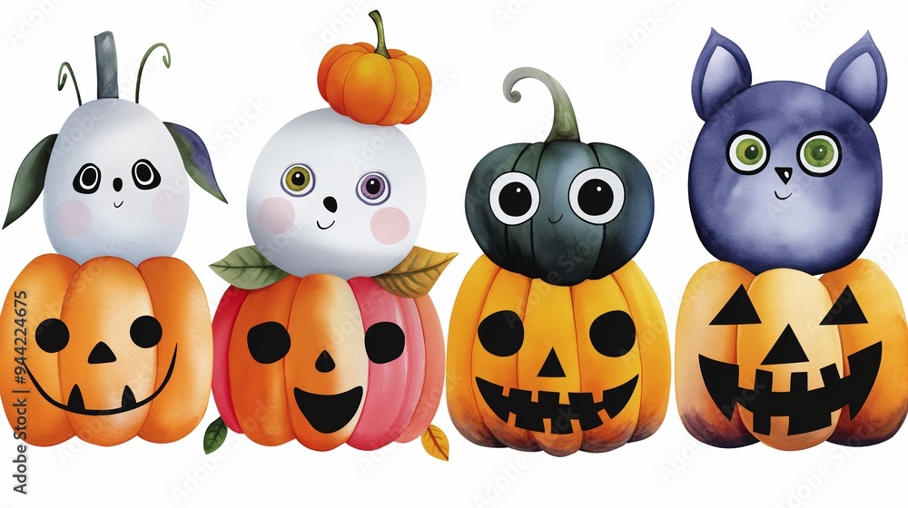 Poster a row of pumpkins with a cat and a ghost on top. the pumpkins are smiling and the cat is looking at 