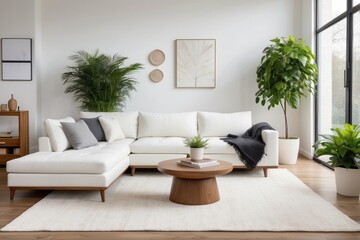 Modern Living Room with White Sectional Sofa, Wooden Coffee Table, and Greenery