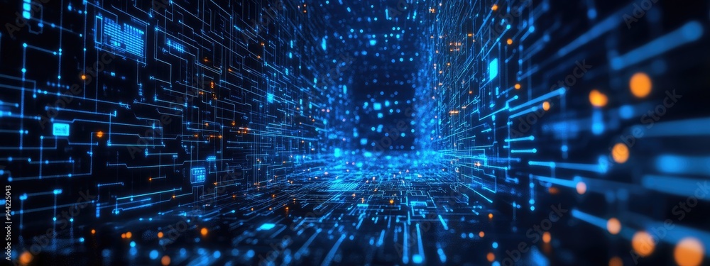 Poster Blue abstract cyber future technology concept background featuring 3D cartoon rendering illustrating circuits and binary code with a sense of motion speed sci fi elements and sound waves