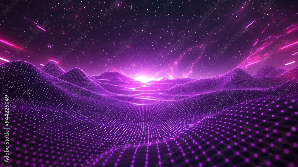 Leinwandbilder Abstract ultraviolet landscape on a dark background in a 3D cartoon rendering Violet starry outer space texture purple cyberspace grid and hi tech network Vertical image orientation 3D illustratio
