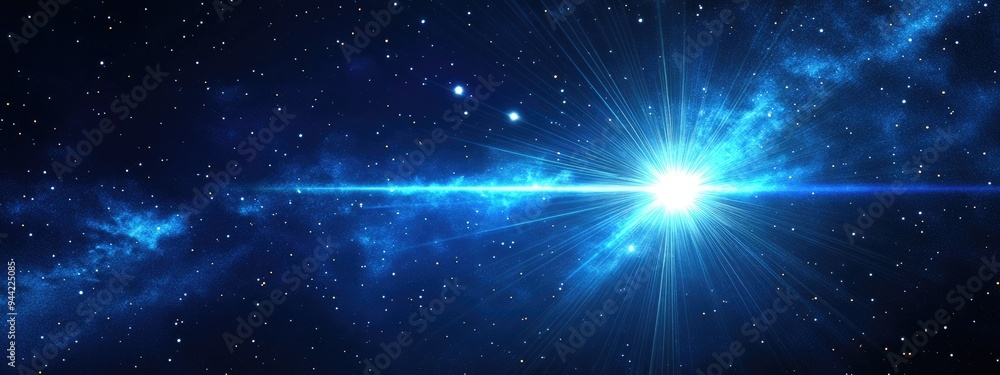 Poster illustration featuring bright shining blue light with lens flare lines set against a dark space sky 