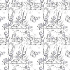 Hand drawn black coal pencil ocean floor with bottles seamless pattern isolated on white background. Marine illustration can be used for textile, fabric, scrapbook and other printed products.