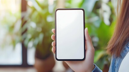 Woman holding a blank screen mobile phone with a white color and space for text, a mockup template of a smartphone in hands being used on an advertising design