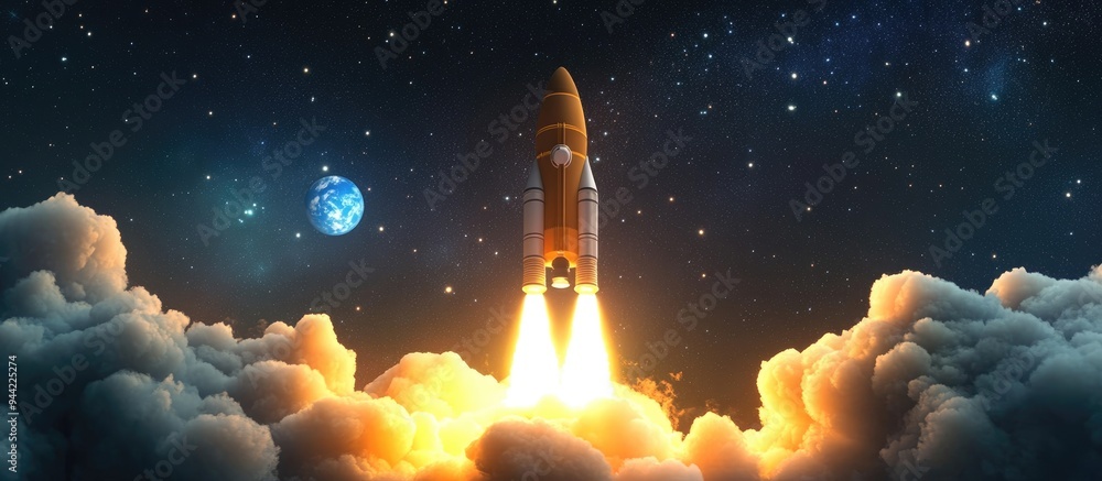 Poster space rocket with a blast and puffs of smoke successfully lifts off into the starry sky in this 3d c
