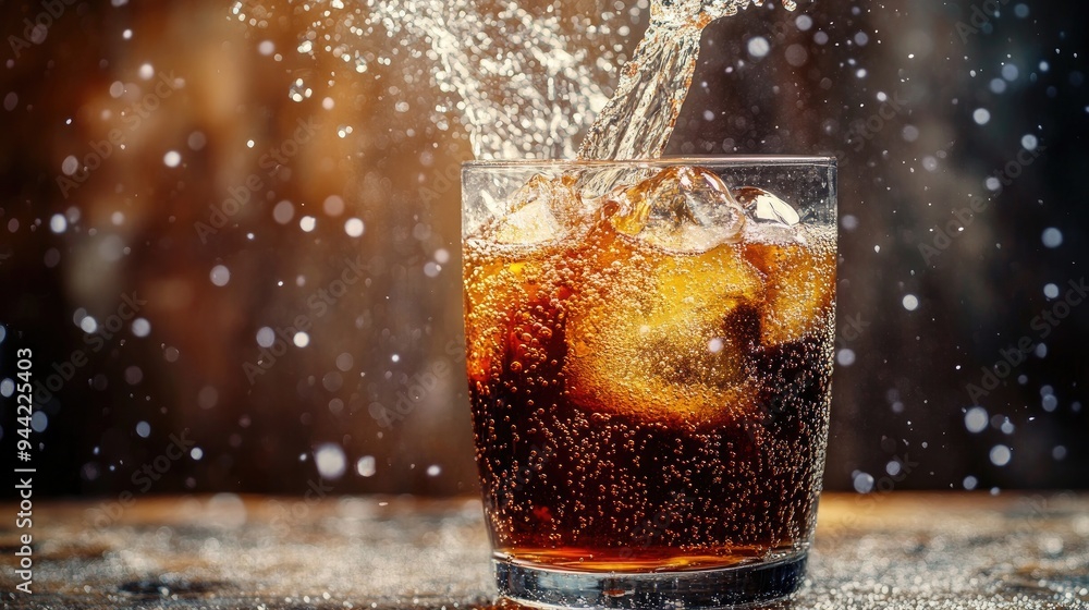 Poster Close-Up of a Glass of Fizzy Dark Drink with Ice Cubes and Splashing