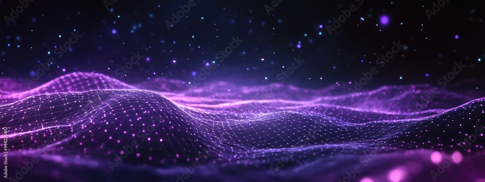 Aufkleber Abstract ultraviolet landscape in a dark background depicted in a 3D cartoon rendering featuring a purple cyberspace grid and a violet starry outer space texture showcasing a hi tech network